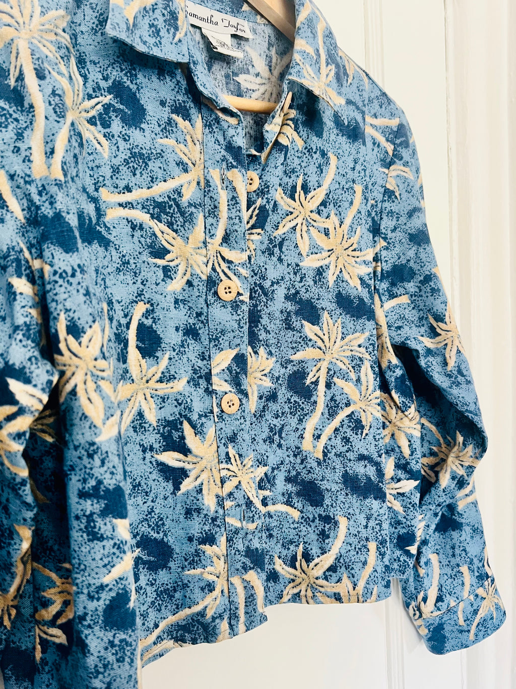 90s Coastal Palm Tree Linen Blouse (S)