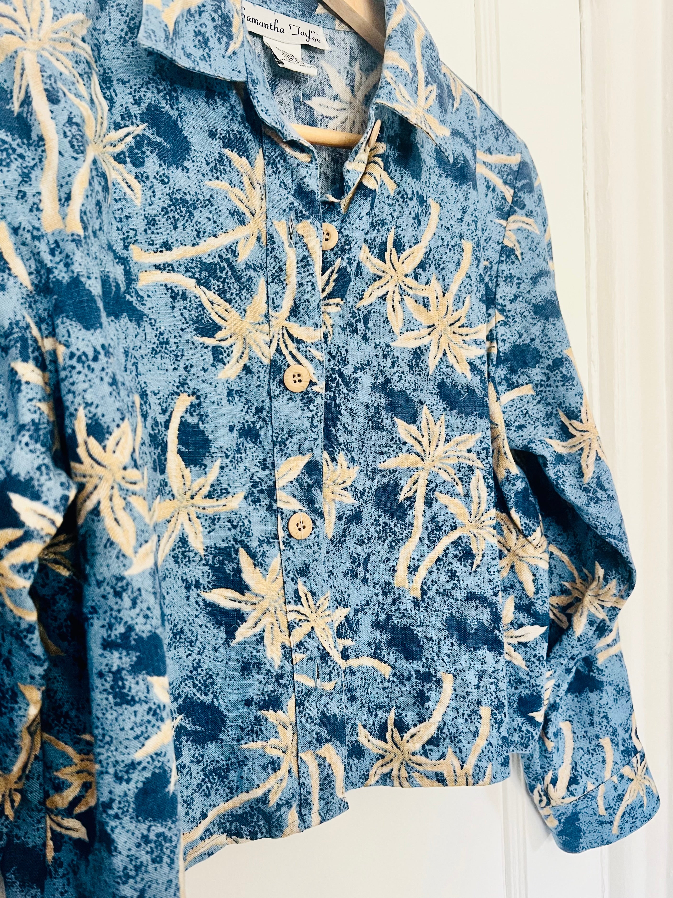 90s Coastal Palm Tree Linen Blouse (S)