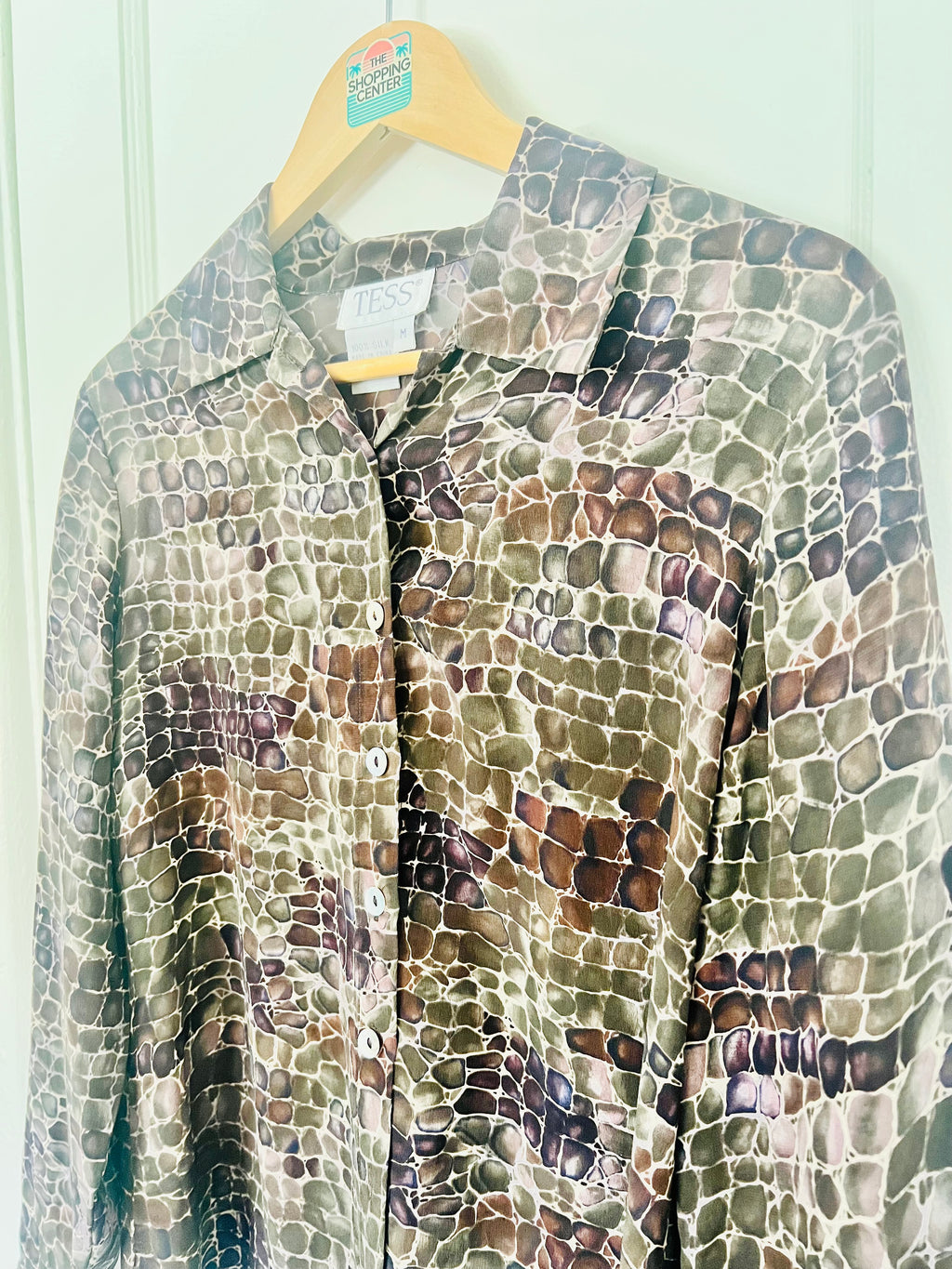 90s Silk Reptile Print Button Front Blouse (M)