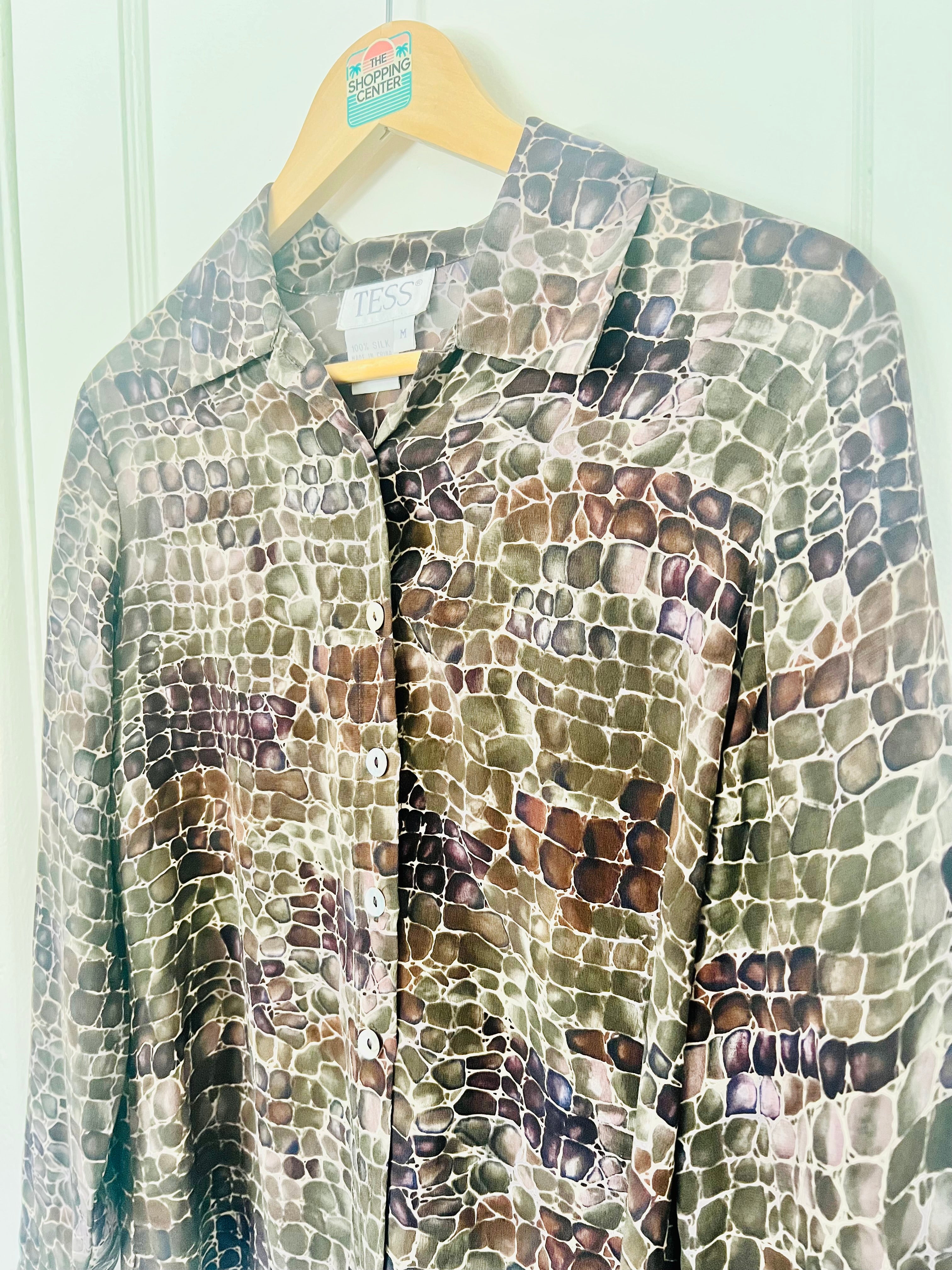90s Silk Reptile Print Button Front Blouse (M)