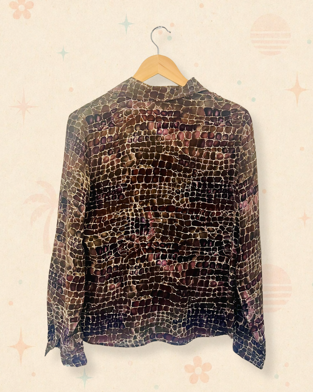 90s Silk Reptile Print Button Front Blouse (M)