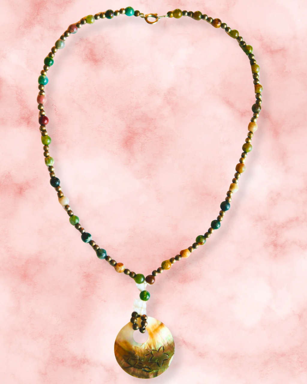 Flower Etched Shell Beaded Necklace