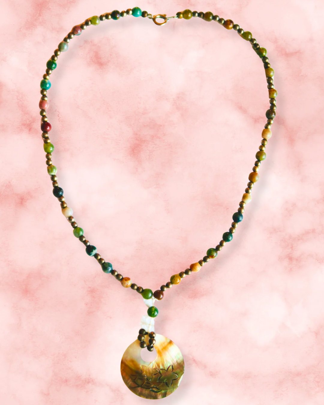 Flower Etched Shell Beaded Necklace