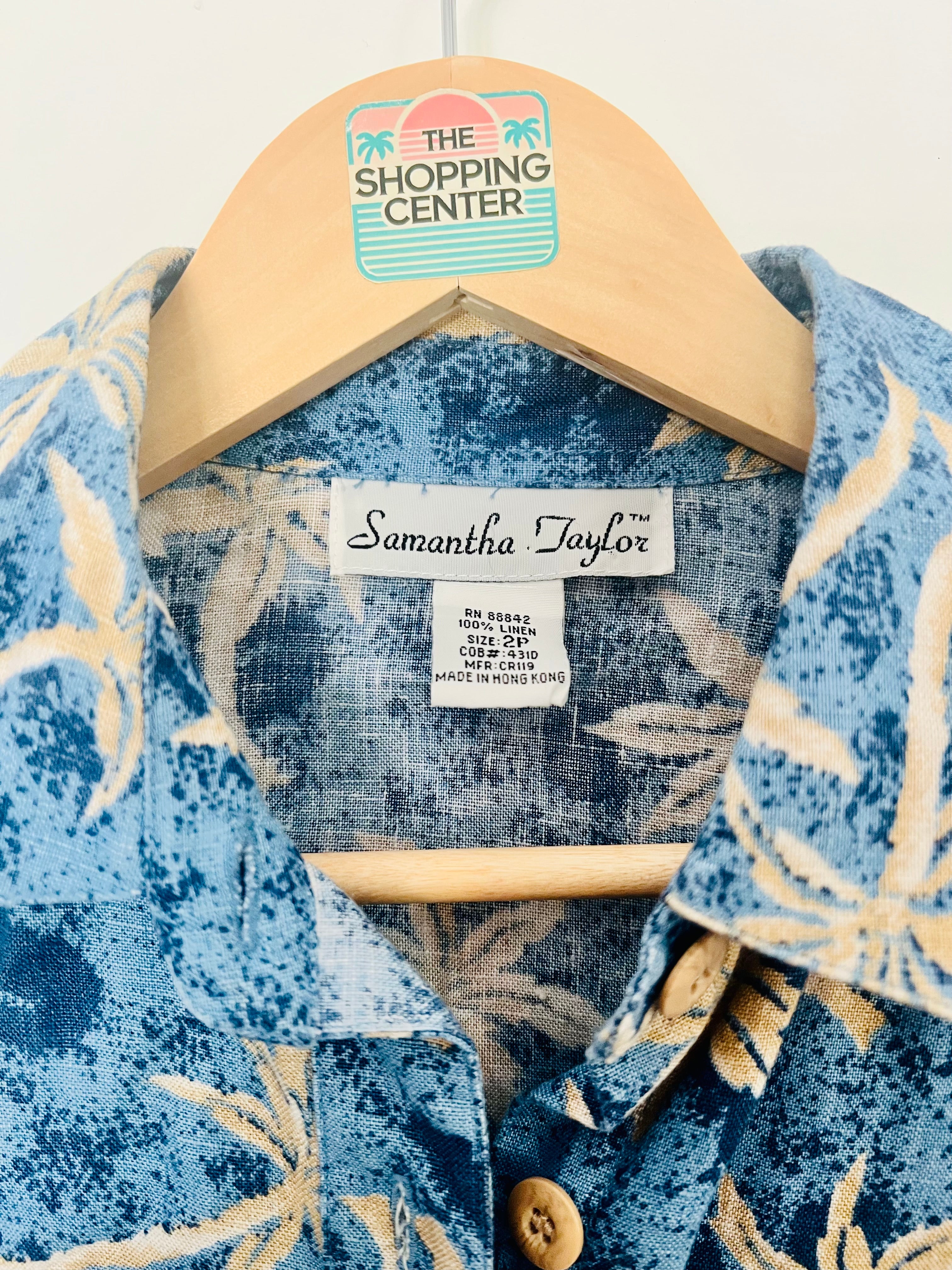 90s Coastal Palm Tree Linen Blouse (S)