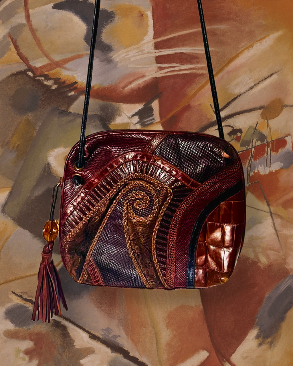 Patchwork Crossbody Bag with Tassel