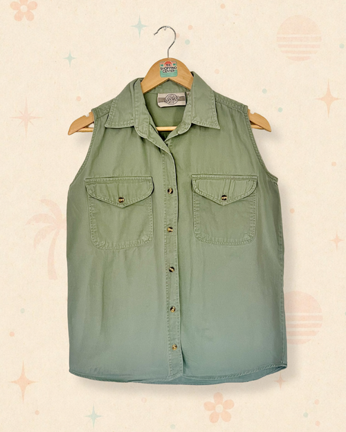 90s Sage Sleeveless Cotton Button-up | Size S