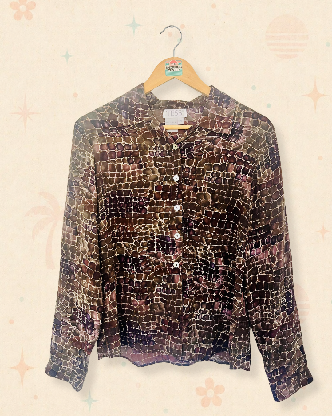 90s Silk Reptile Print Button Front Blouse (M)