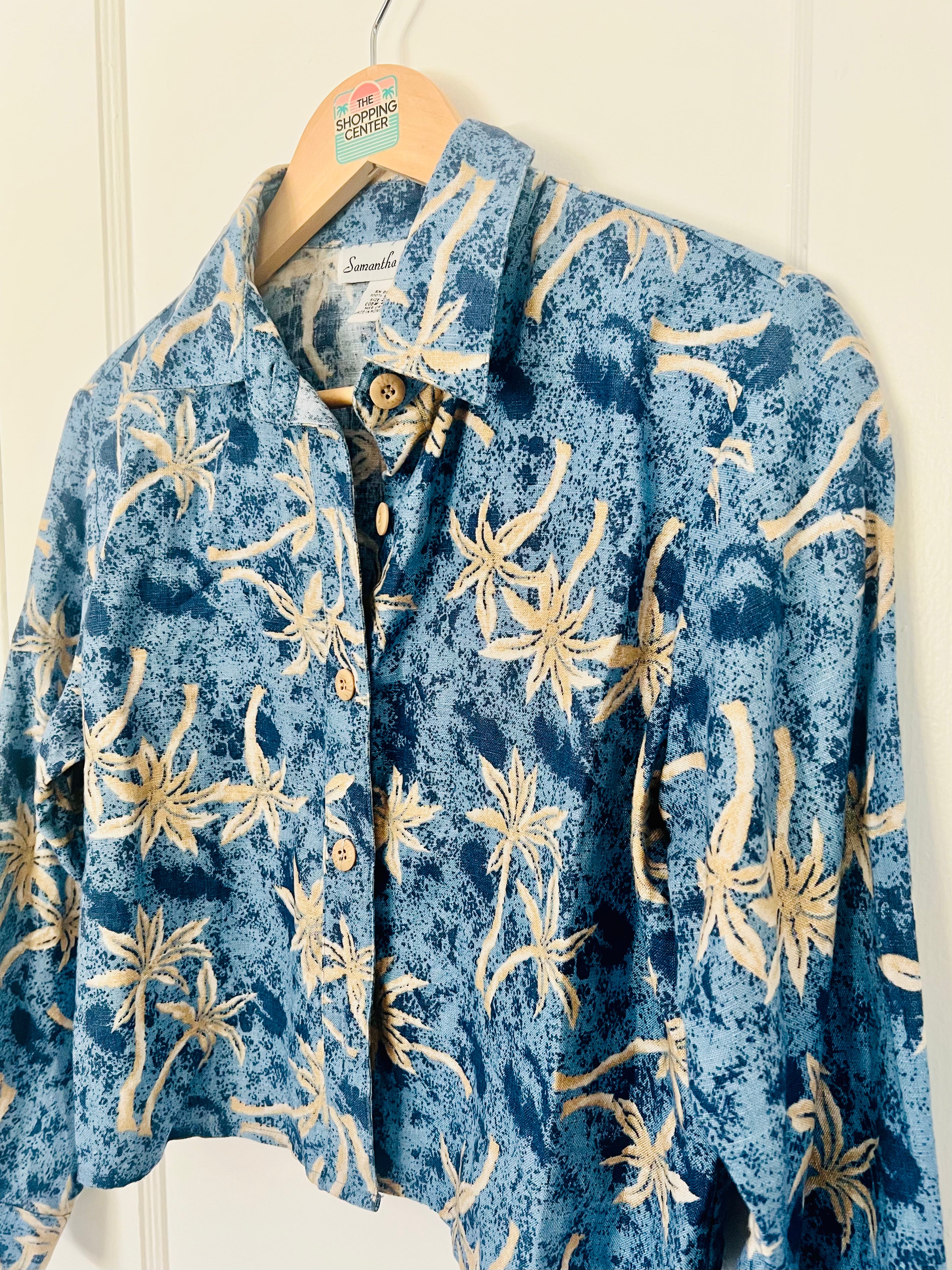 90s Coastal Palm Tree Linen Blouse (S)