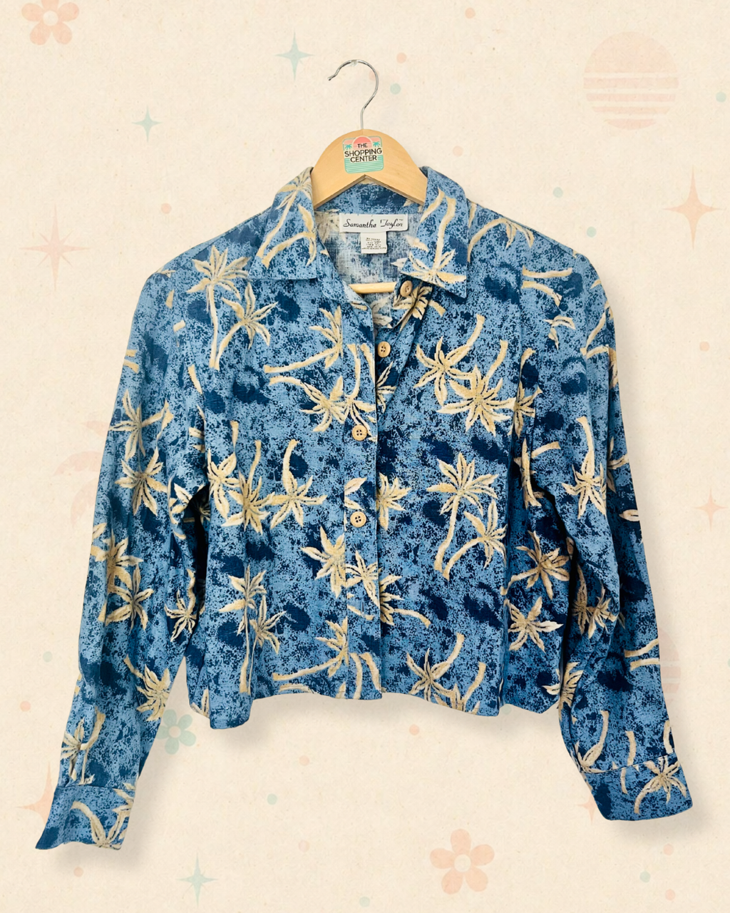 90s Coastal Palm Tree Linen Blouse (S)